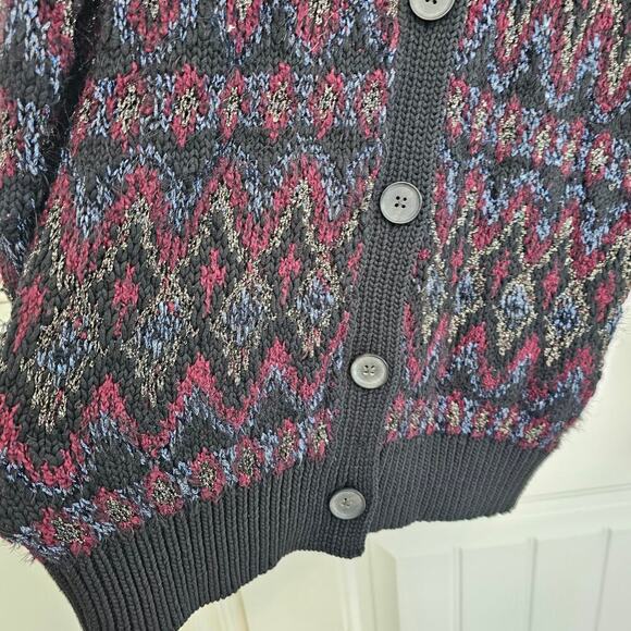 Lucky Brand Metallic Cardigan Women Medium Purple Knit Fair Isle Whimsy Goth - Picture 4 of 8